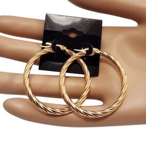 1 1/2" Gold Swirl Line Hoop Pierced Earrings 42mm Stainless Steel